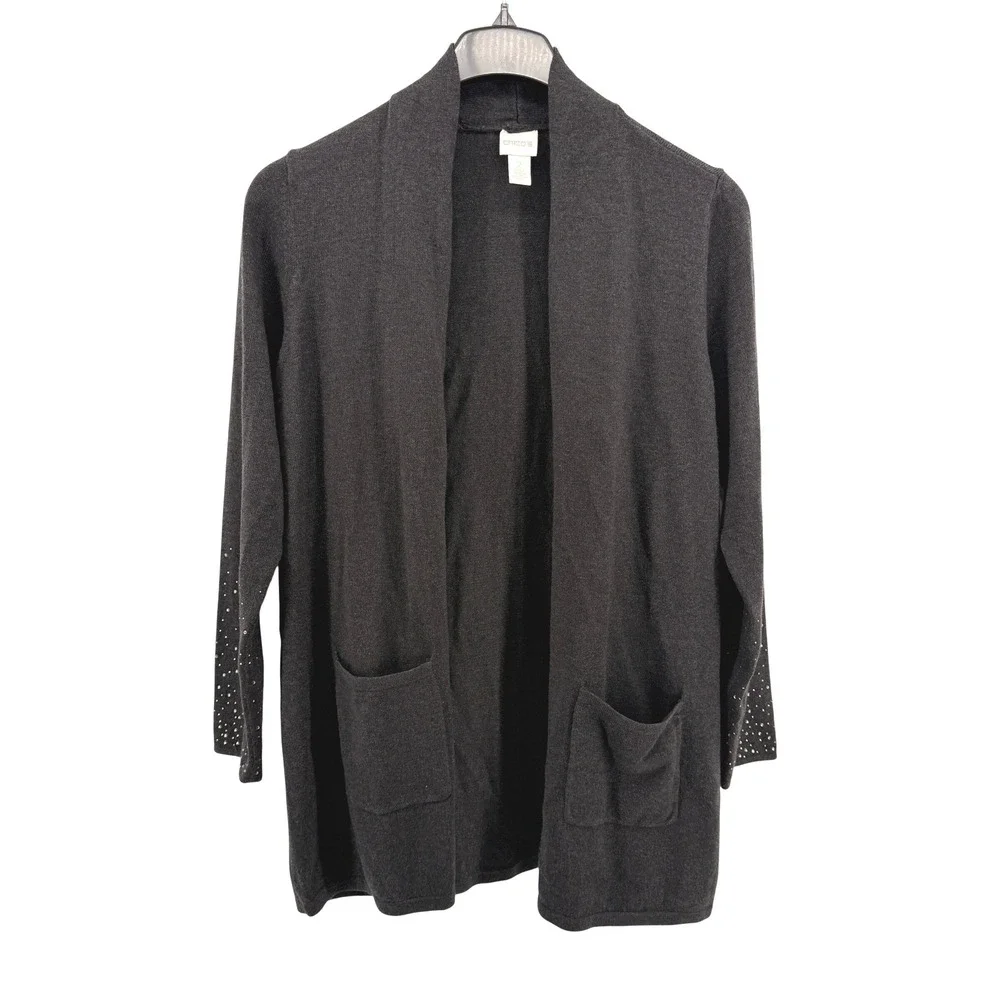 Chico's Cardigan Womens 2/Large Pre-Owned Cardigan Gray Rhinestone Embellished